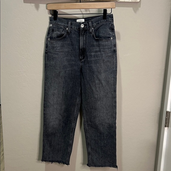 Citizens Of Humanity Jeans Daphne Vintage Black Ankle Cropped Wide Leg Fray Hem - Picture 1 of 13